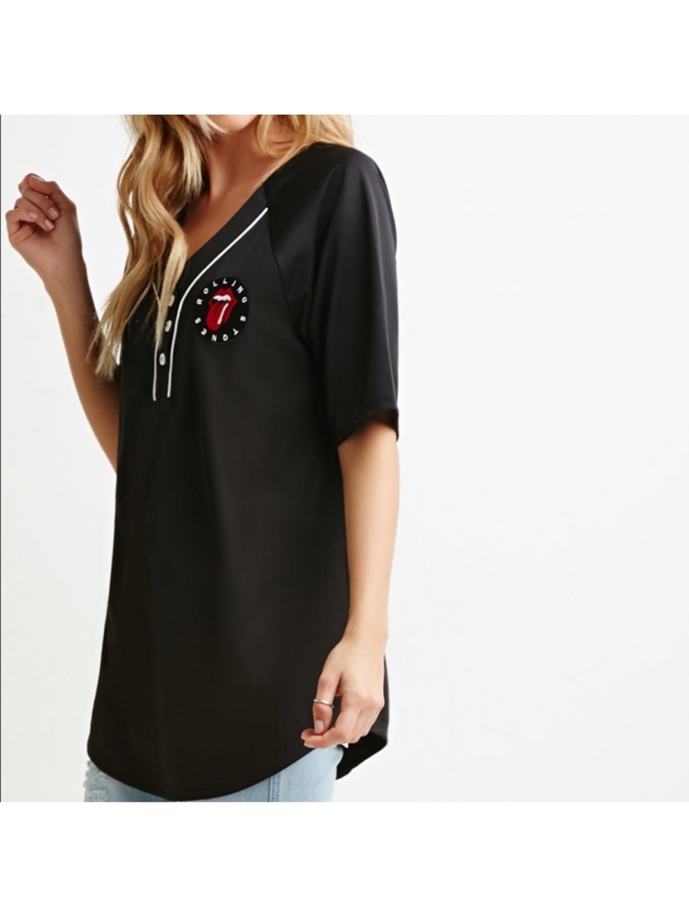 Rolling Stones Forever 21 Black V-Neck Graphic Baseball Tee with Button Placket